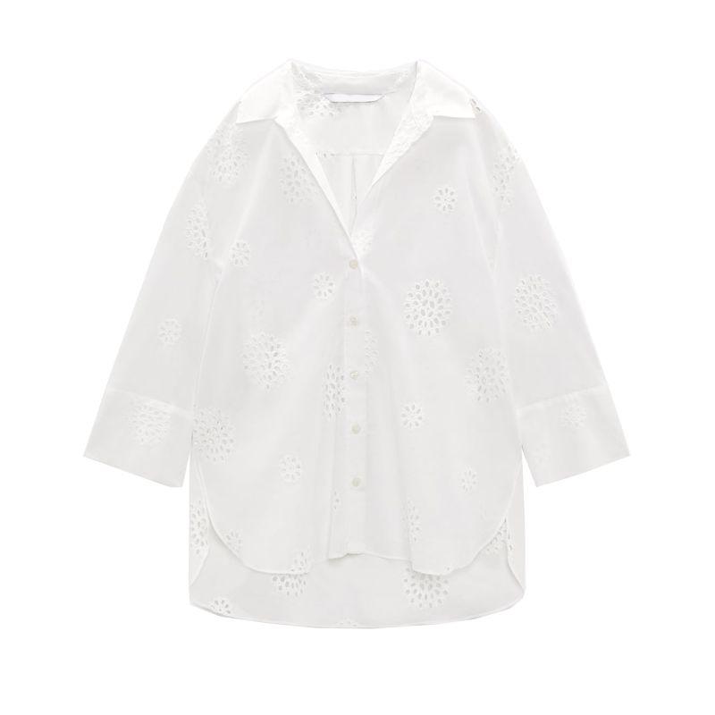 Za Summer New Arrival All-Matching Lapel Decorated Row Button Loose Casual Top Cut Out Embroider Shirt 4043064