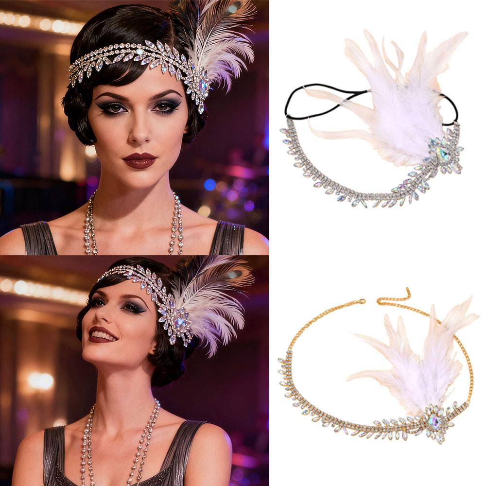 Vintage Exquisite Feather Headband Elegant Women Accessories Performance Show Crystal Sequin Masquerade Hair Band Rhinestone New