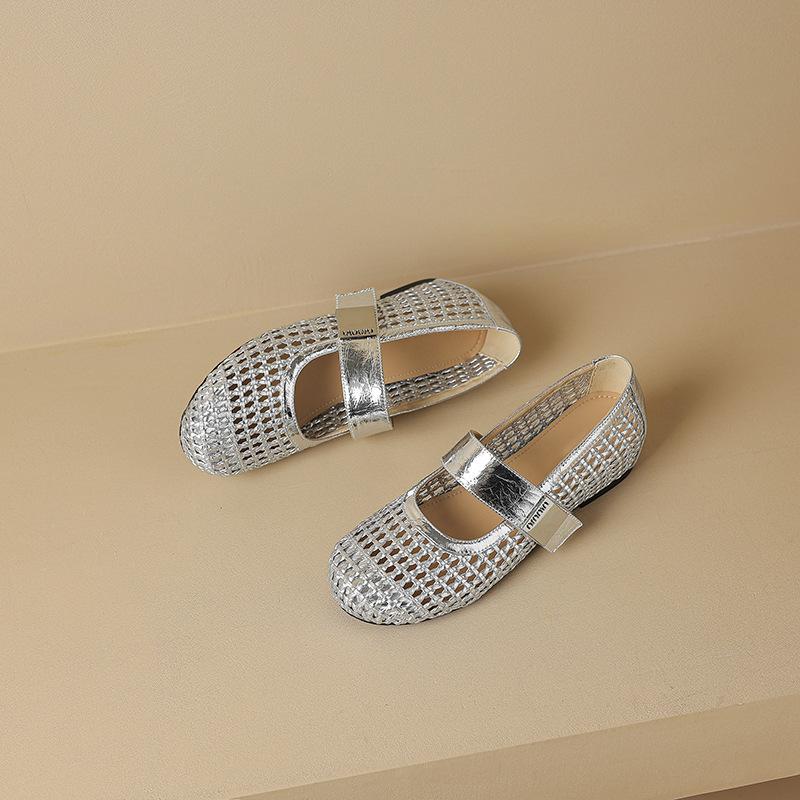 2025 Summer New Woven Cowhide Fashion Breathable Hole Shoes with Silver Inner Height Increase Sandals Women's 40