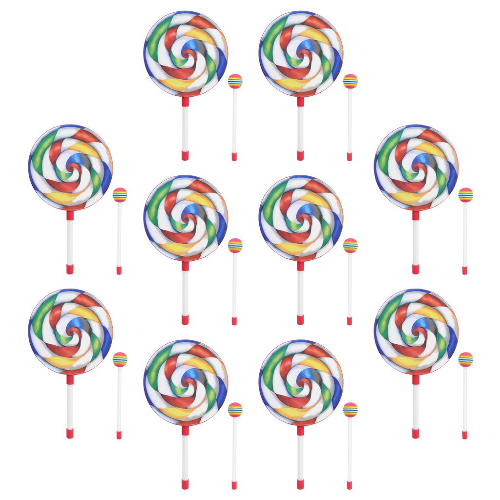 10Pcs Lollipop Shape Drum 8in Kids Tambourine Set Colorful Mallet Music Rhythm Instrument