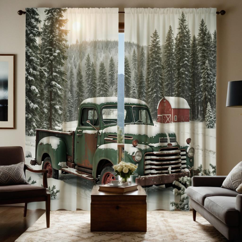 2pcs HD Pine forest truck snow view decorative curtain Green tie digital printed curtain Home Decoration style Decoration liv