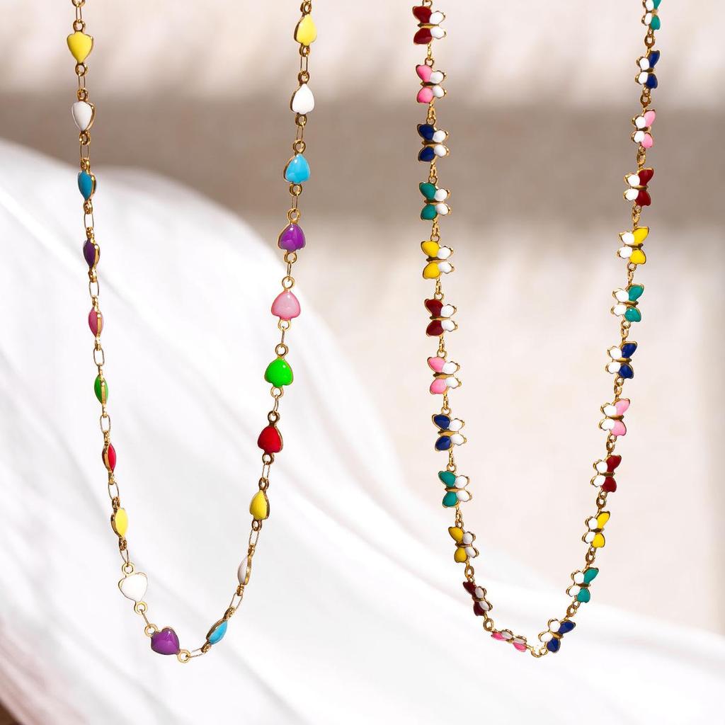 European & American Stainless Steel Drip Glaze Butterfly Heart Necklace - Sweet, Colorful, Light Luxury Clavicle Chain