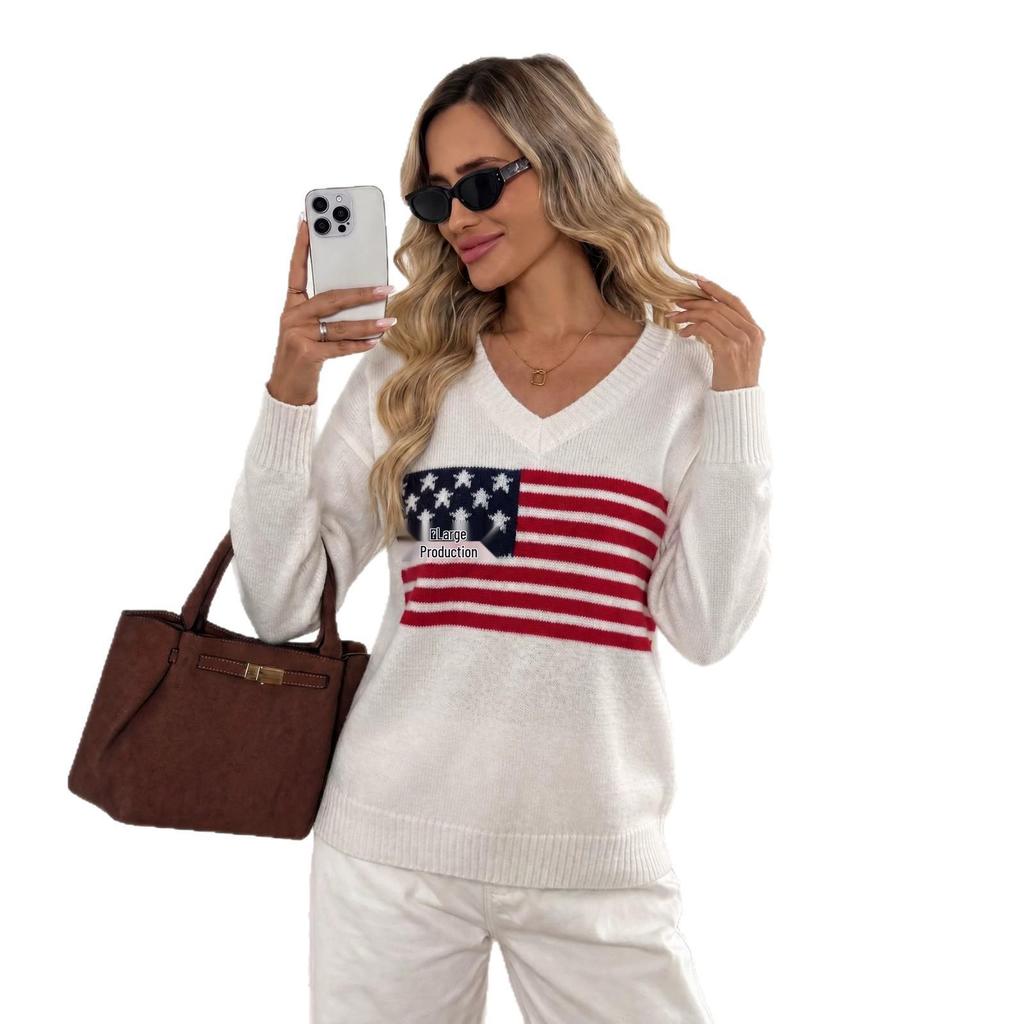Women's European V-Neck Knit Sweater - 2026 Flag Pattern, Long Sleeve Pullover for Autumn/Winter