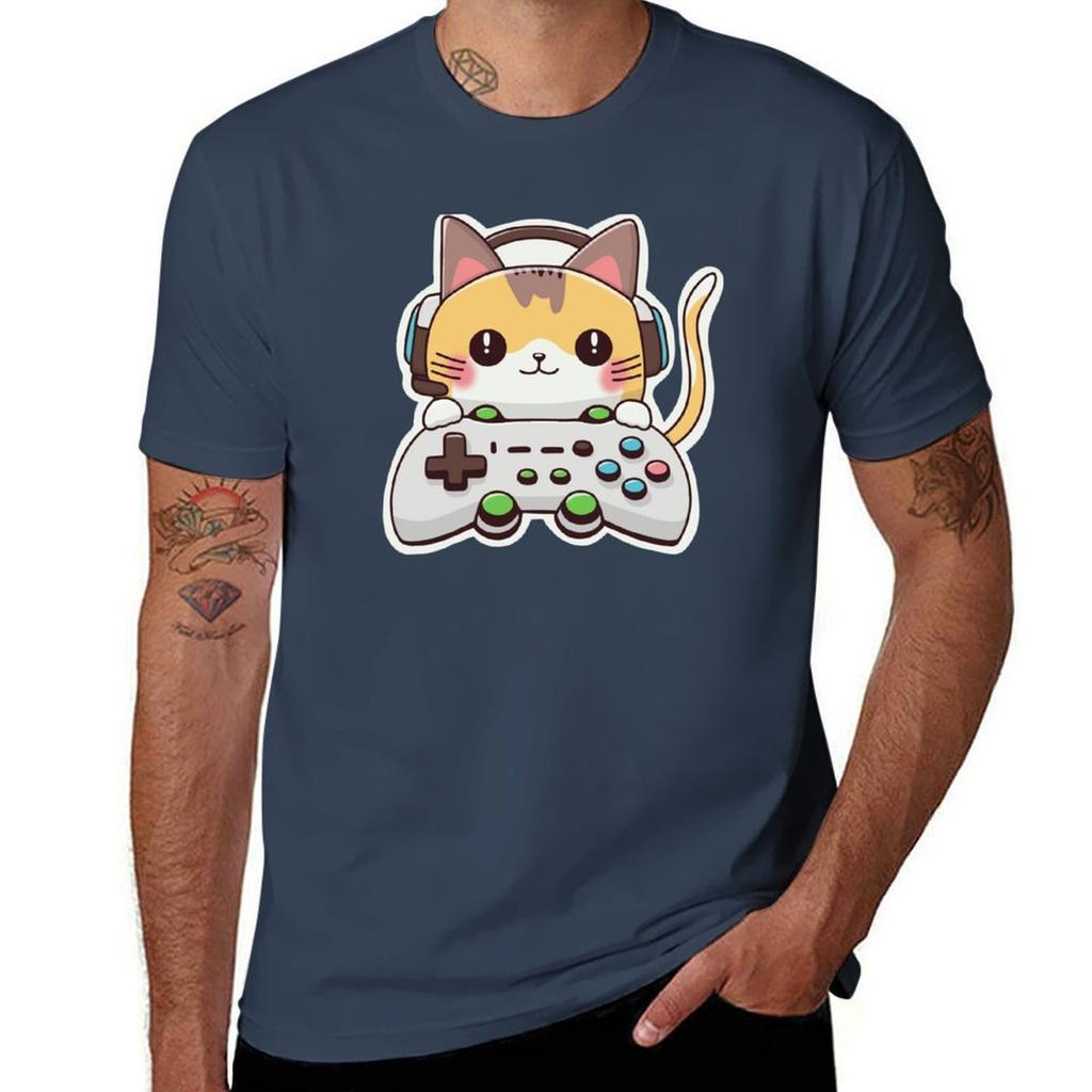 Kawaii Gamer Cat Tshirt Soft Basic Cotton Short Sleeve Tee