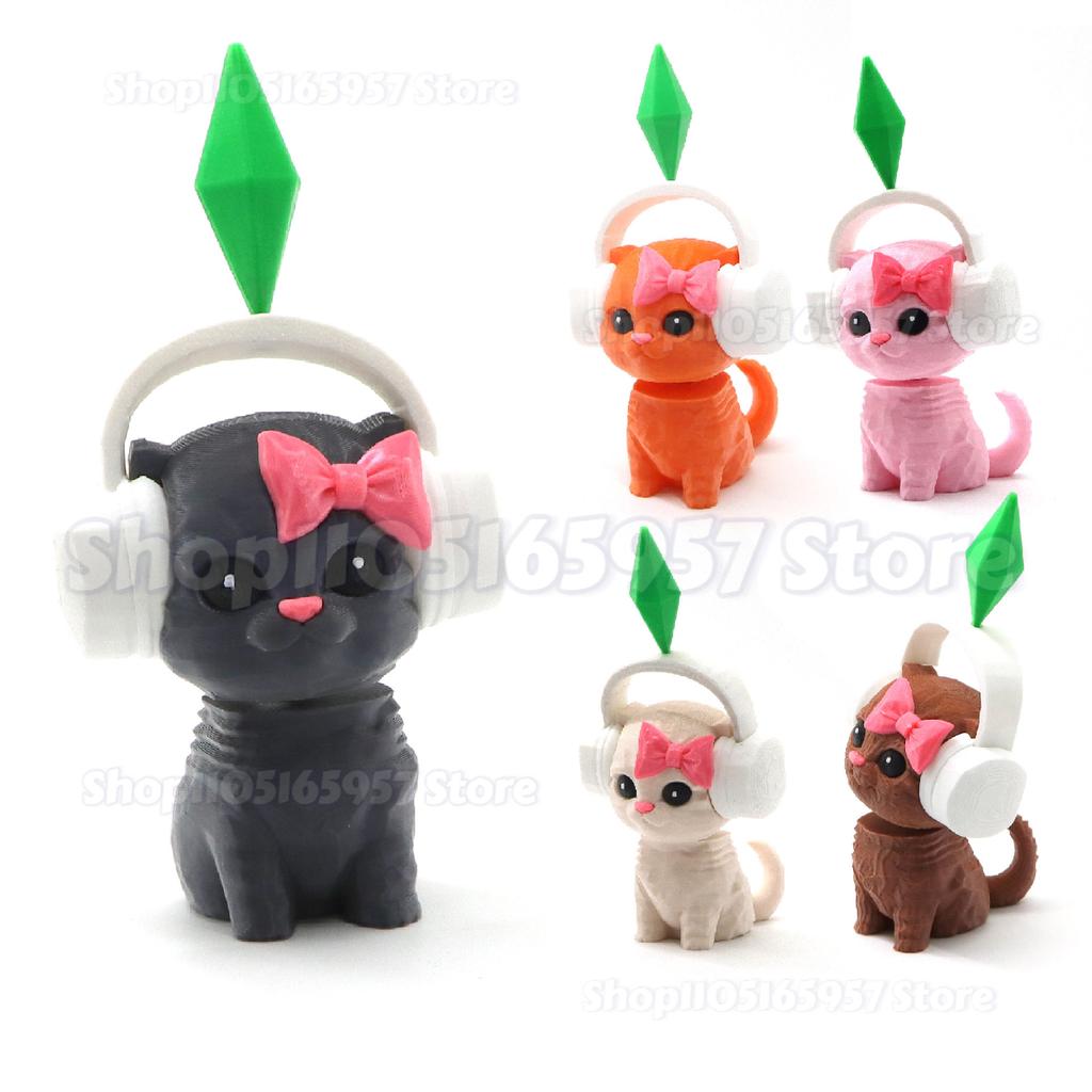 3D Printed Sim-S Cat Figurine With Headphones & Plumbob Decor-Cute Geometric Kitten Statue,Home Desk Decor,Kawaii Accents Gift