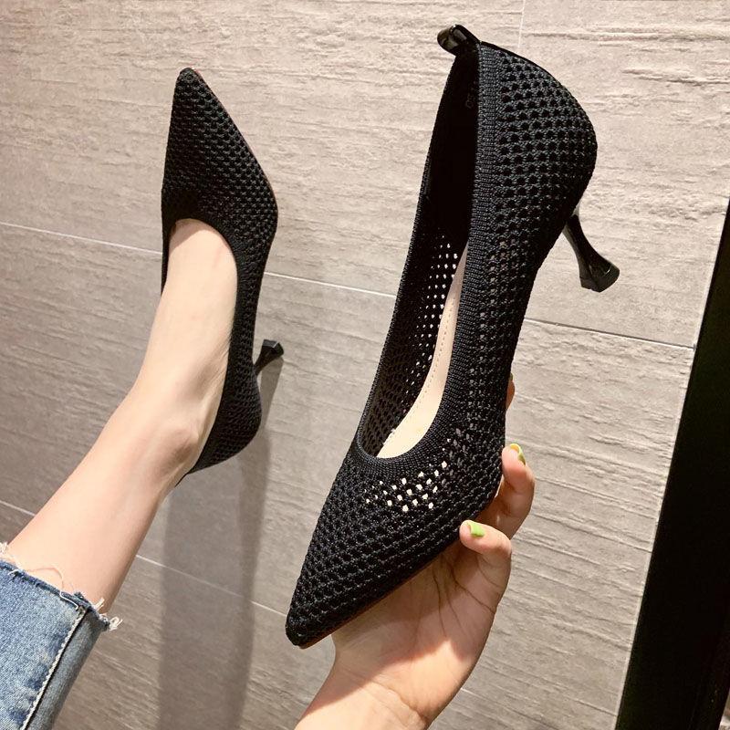 Women Pumps Summer Comfortable Triangle Heeled Party Shoes Stiletto Sexy Single Shoes Flying Woven Mesh Breathable