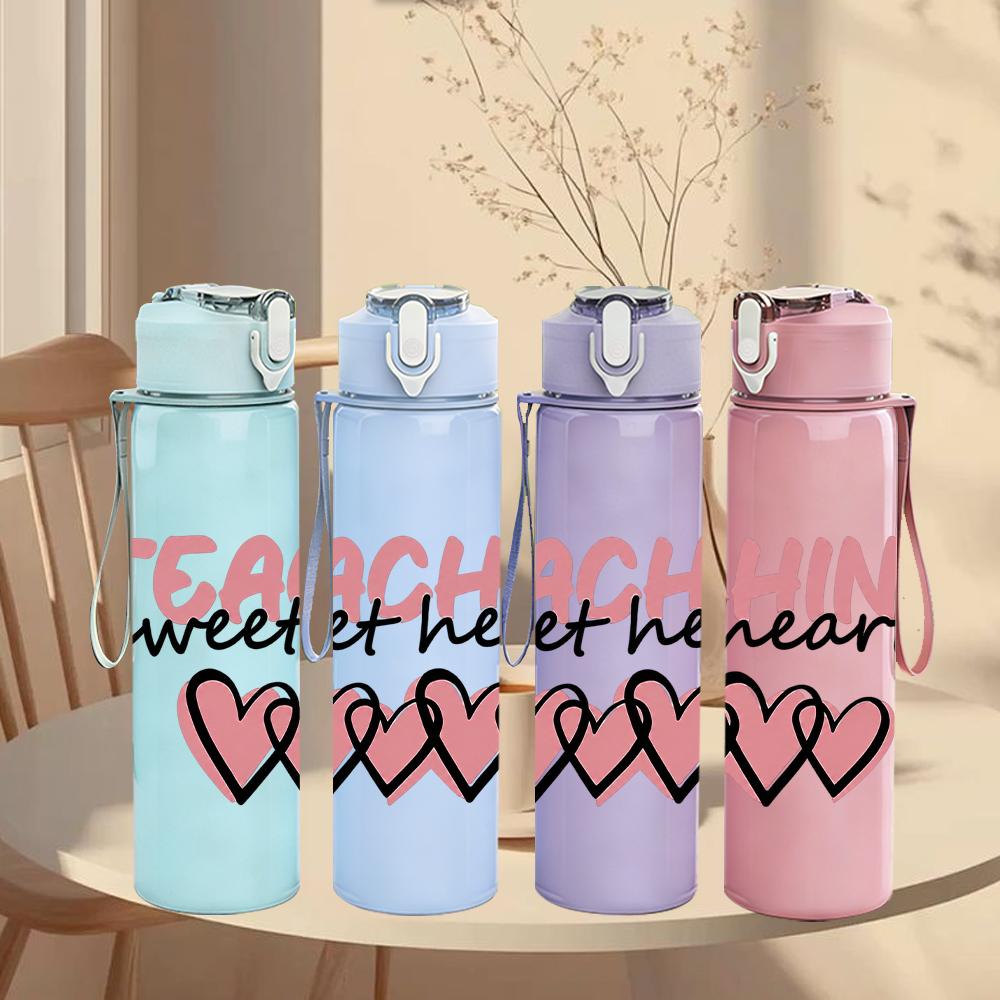1PC Teaching Sweethearts Pink Heart Text Graphic,750ml Color Plastic Sports Water Bottle,Leakproof Flip Straw Lid,Suitable for Sports Office Home Use