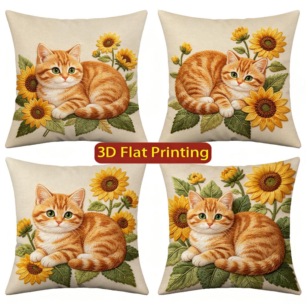 Sunflower & Ginger Cat Throw Pillow Covers Pattern Cushion Cover Suitable For Sofa Bedroom Car Pillow Cover
