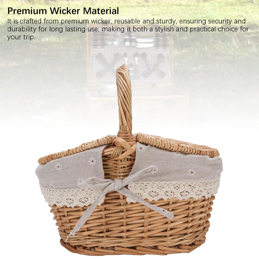 Wicker Picnic Basket with Double Lids Handle Removable Liner Hand Woven Picnic Basket for Outdoor Travel