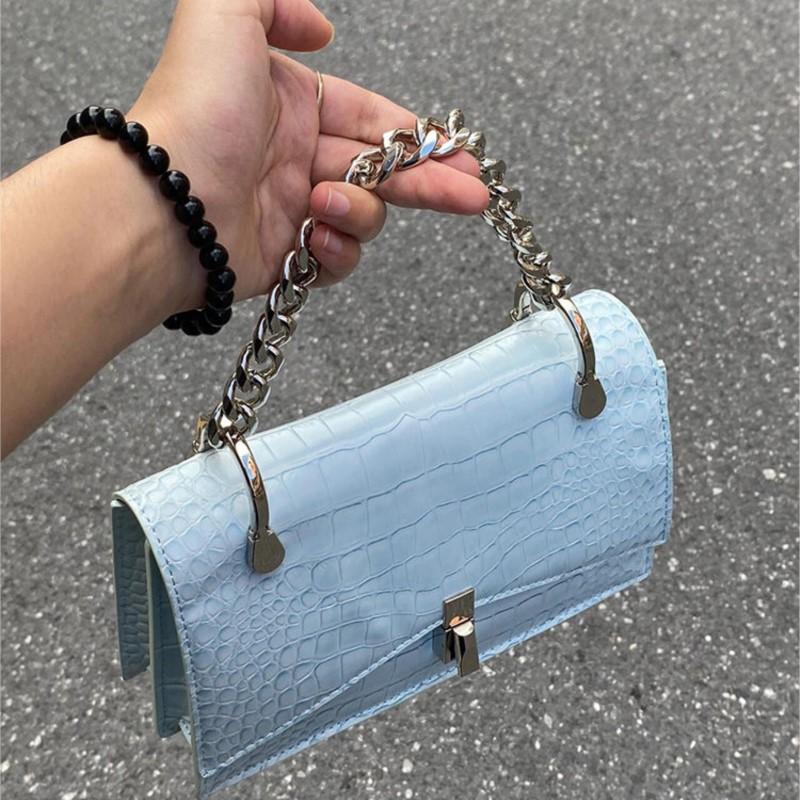 Hot Girl Blue Chain Handbag Women Faux Crocodile Pattern Square Large Capacity Shoulder Bags Ladies High End Y2k Crossbody Bag