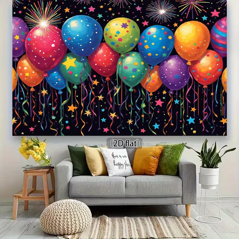 2D Kids Party Backdrop, Bright Balloons with Confetti and Fireworks Decoration Background