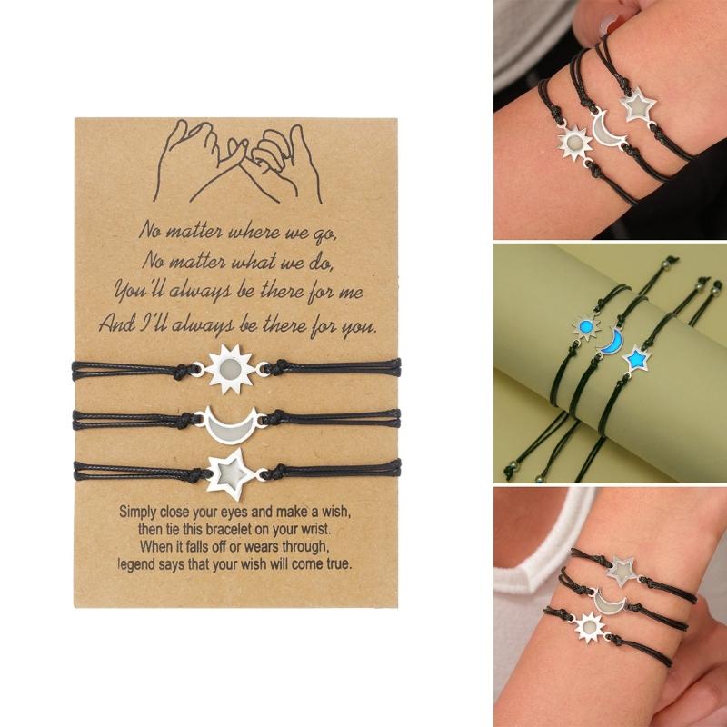 3Pieces Elegant Friendship Bracelets for Best Friend Couples Moon Sun Star Pendant Wrist Chain Adjustable Handmade Cord