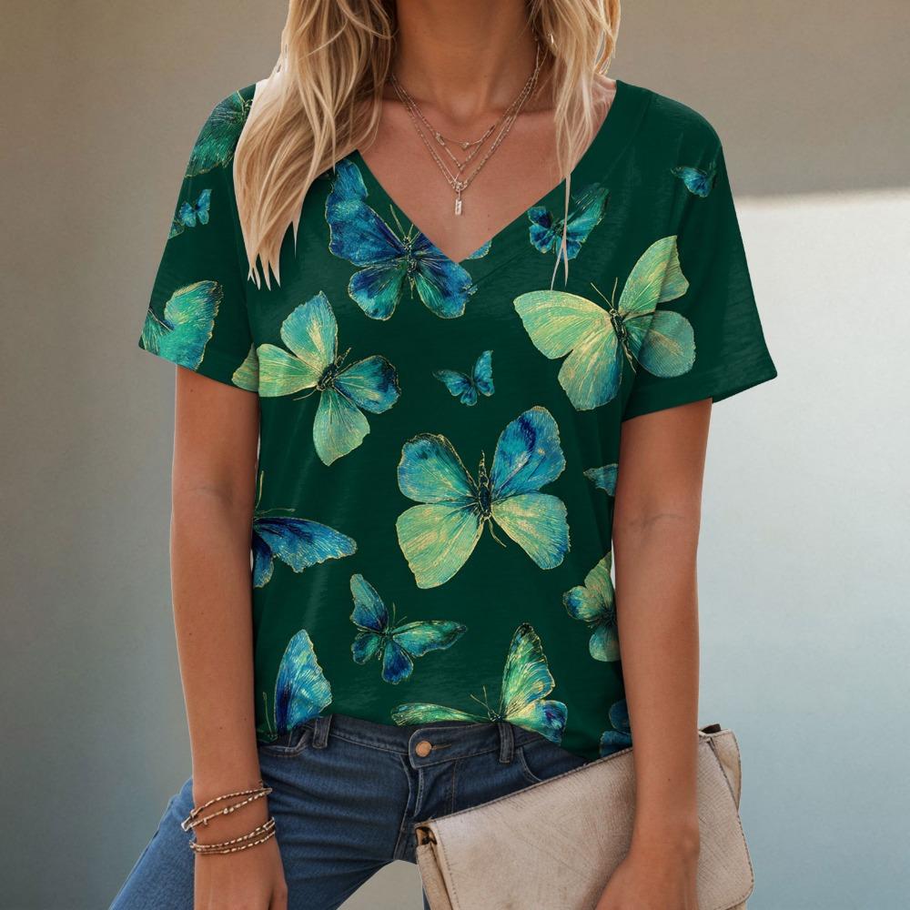 Women's flower butterfly print short sleeved V-neck T-shirt