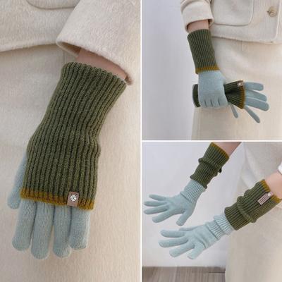 1 Pair Women Winter Gloves Thickened Colorblock Knitted Five Fingers Touch Screen