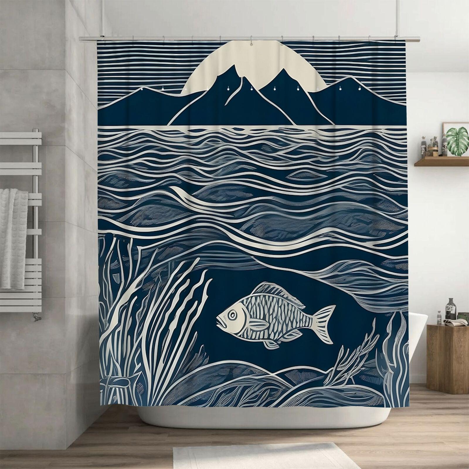 

Современная художественная водонепроницаемая шторка для душа с сине-белым узором из рыб и гор для стильного декора ванной комнаты, простая установка 140X180cm(55x70in)
