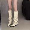 Fashion Bla High-Tube Long Boots Women's Faionable Retro Belted Pointed Toe Booties Spring Autumn PU Leather Cotton Lined Rubber ...