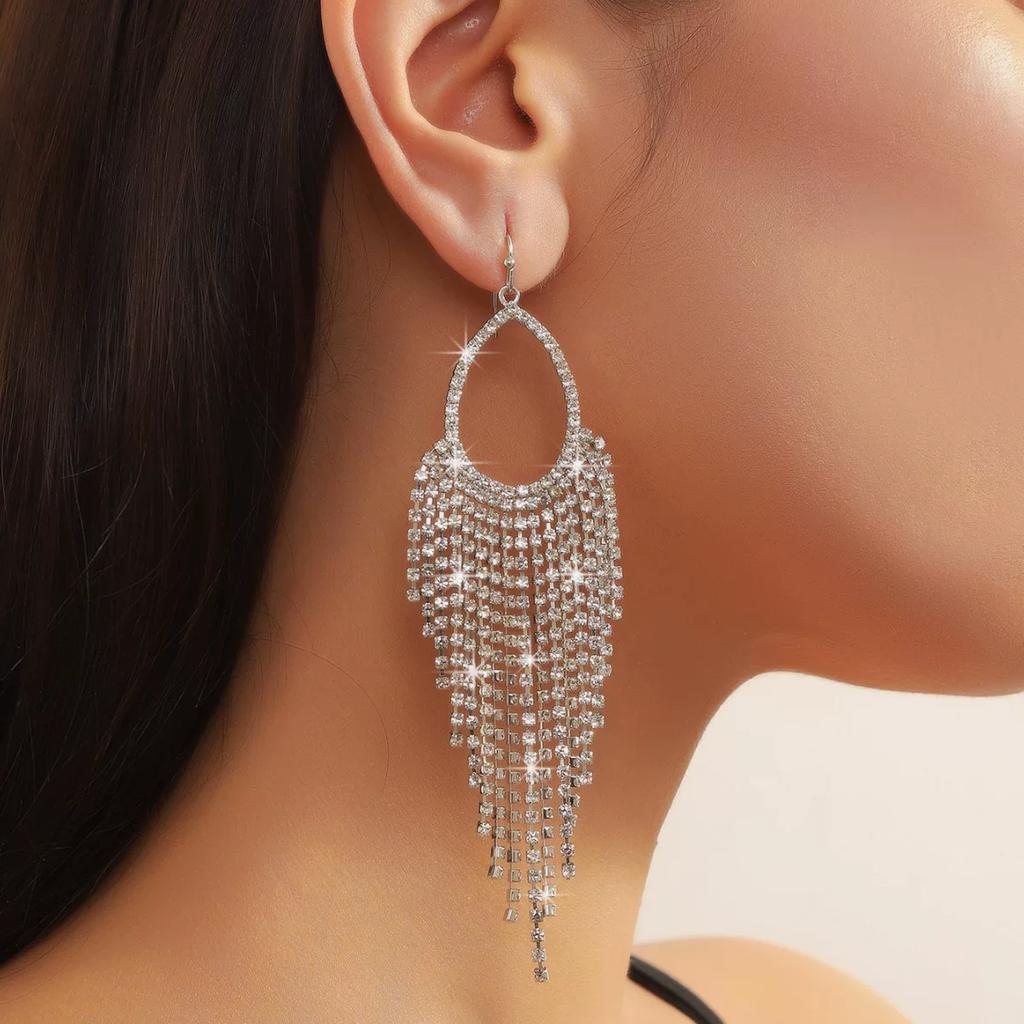 New Korean super flash high-end rhinestone claw chain earrings, atmospheric water drop temperament exaggerated bridal fringed earrings