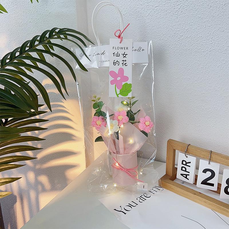 

1 Set Hand Knitted Flower Handicraft Crochet Flower Bouquet With Led Light String Artificial Flowers Mother S Day Gifts