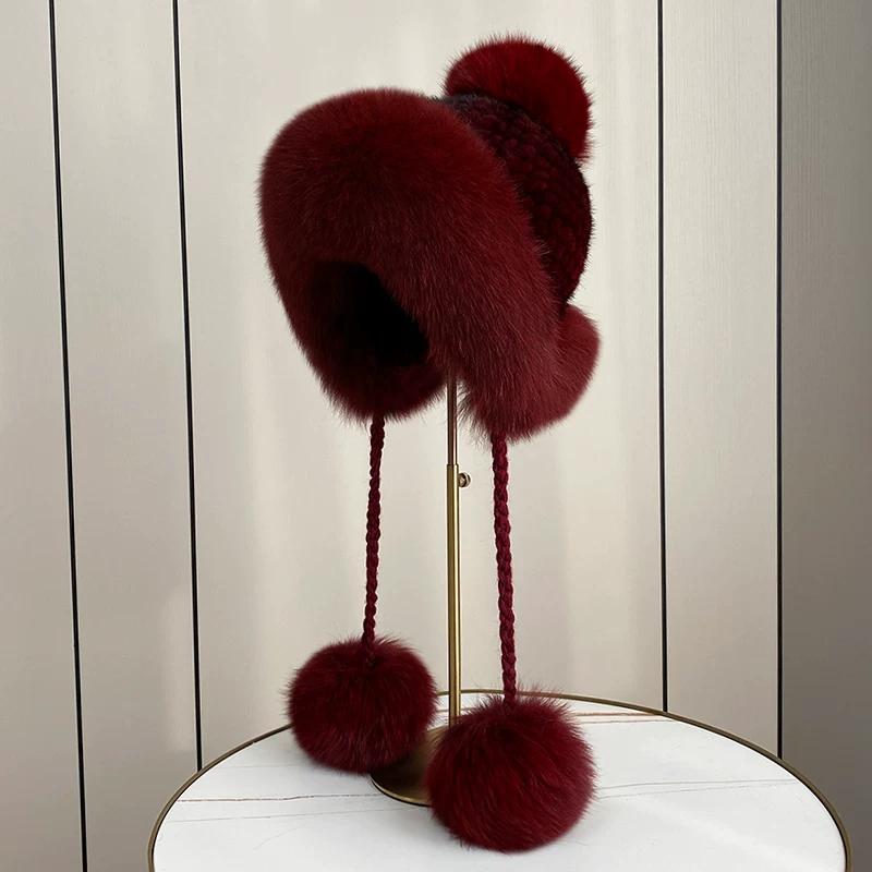 New Winter Warm Mink Hair Woven Fox Hair Ear Protection Fur Hat Female Cute Real Hair Ball Snow Hat