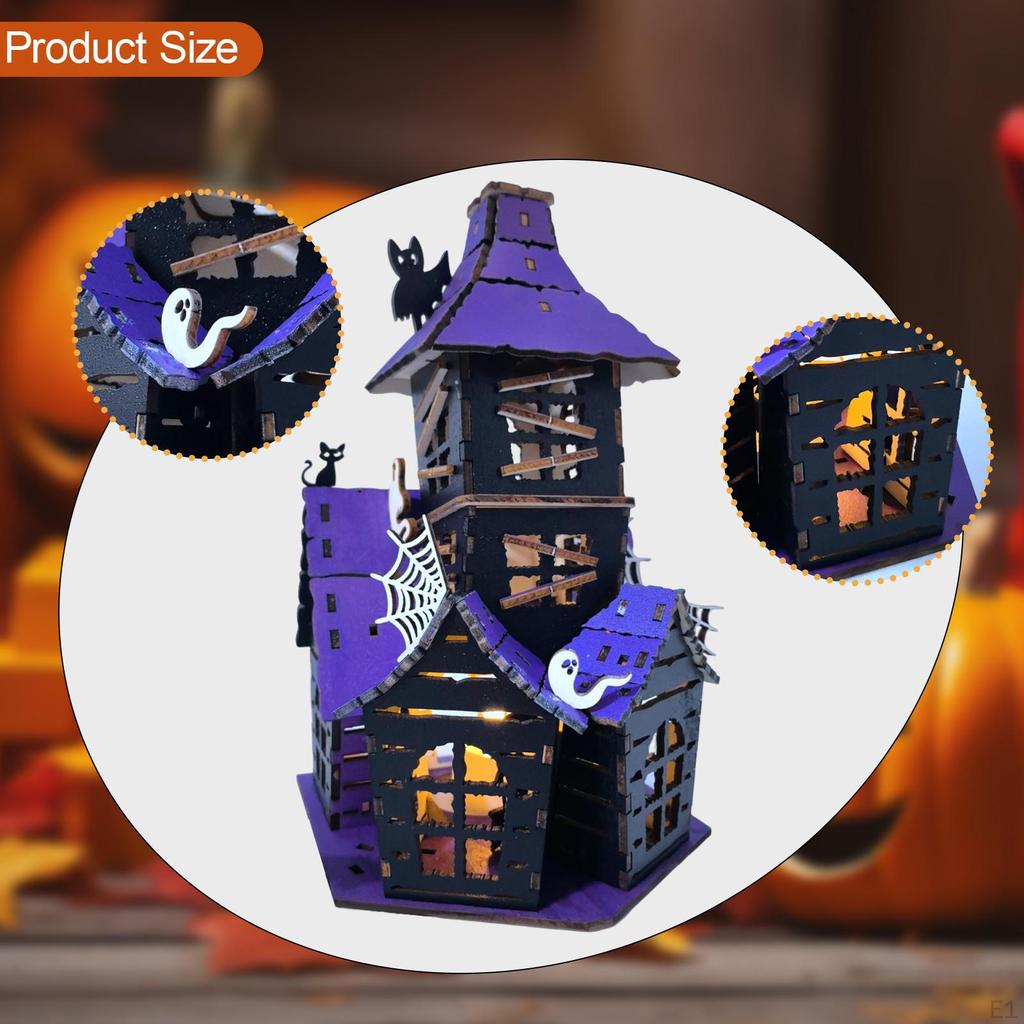 Halloween Haunted House DIY Kit Wooden Castle Creepy Home Decor Puzzle Toys Table Sign for Indoor