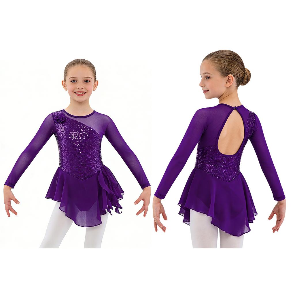 Girls Jazz Dance Bodysuit Rhythmic Gymnastics Stage Wear Sequin Tulle Splice Long Sleeves Cutouts Back Figure Ice Skating Athletic Skirted Leotard