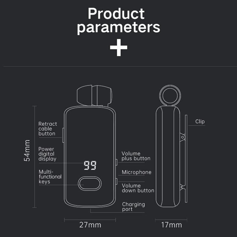 Business Wireless Headphone Digital Display With Clip Telescoping Cable HD Hands-free Call Large Capacity For All Smartphones