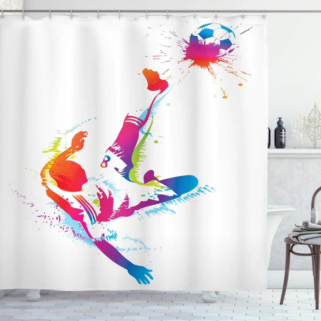 Abstract Football Pattern Shower Curtain Sport Theme Soccer Black and White Colors Waterproof Polyester Bath Curtain with Hooks