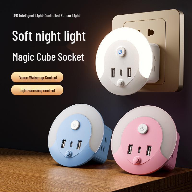 Multifunktionaler USB Smart Voice Cube: Kabelloses Nachtlicht & Steckdosenleiste für Zuhause oder Büro