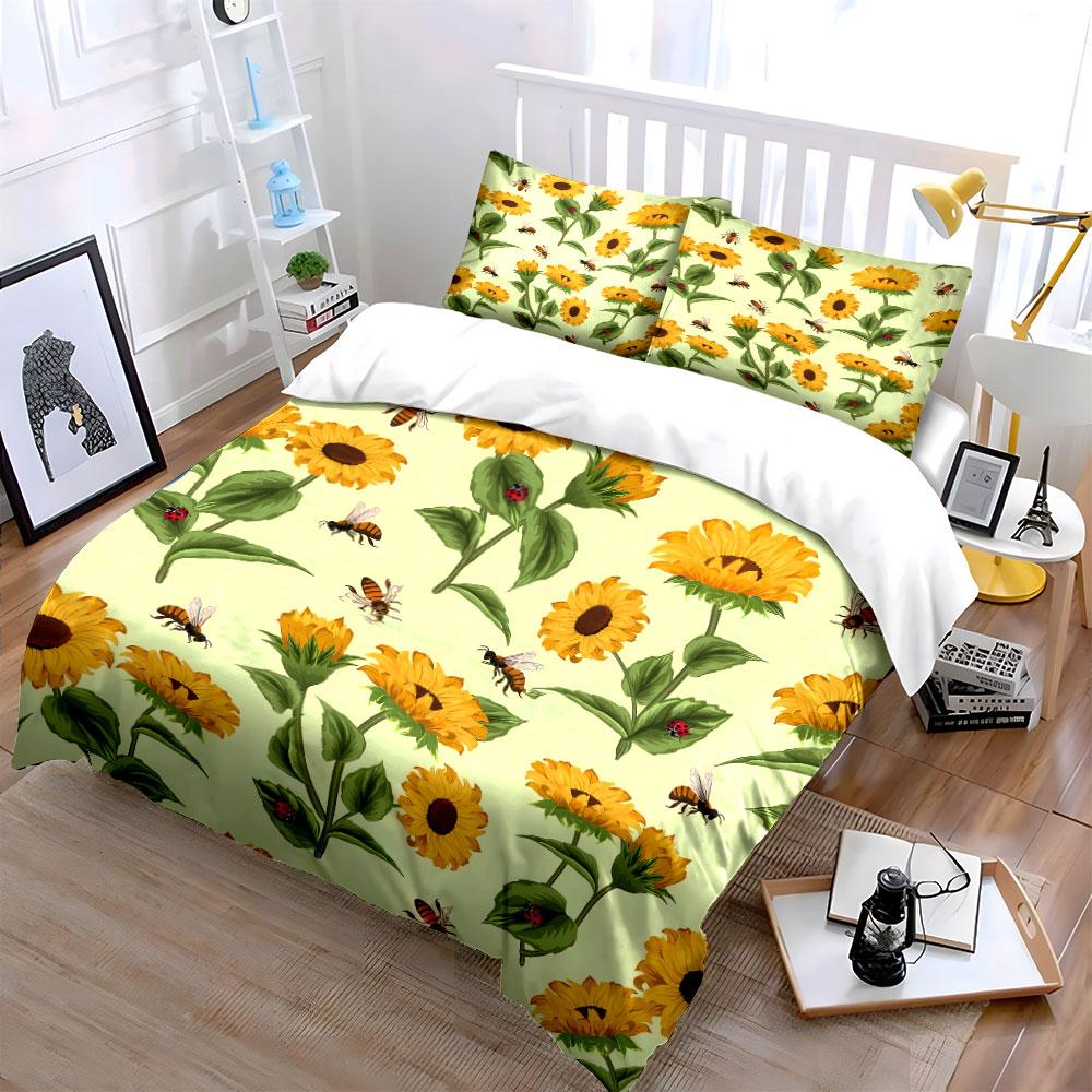 Sunflowers, leaves, bees, ladybugs. Bedding sets Duvet cover sets Duvet covers Pillowcases(1*Duvet Cover 2*Pillowcases without duvet insert)