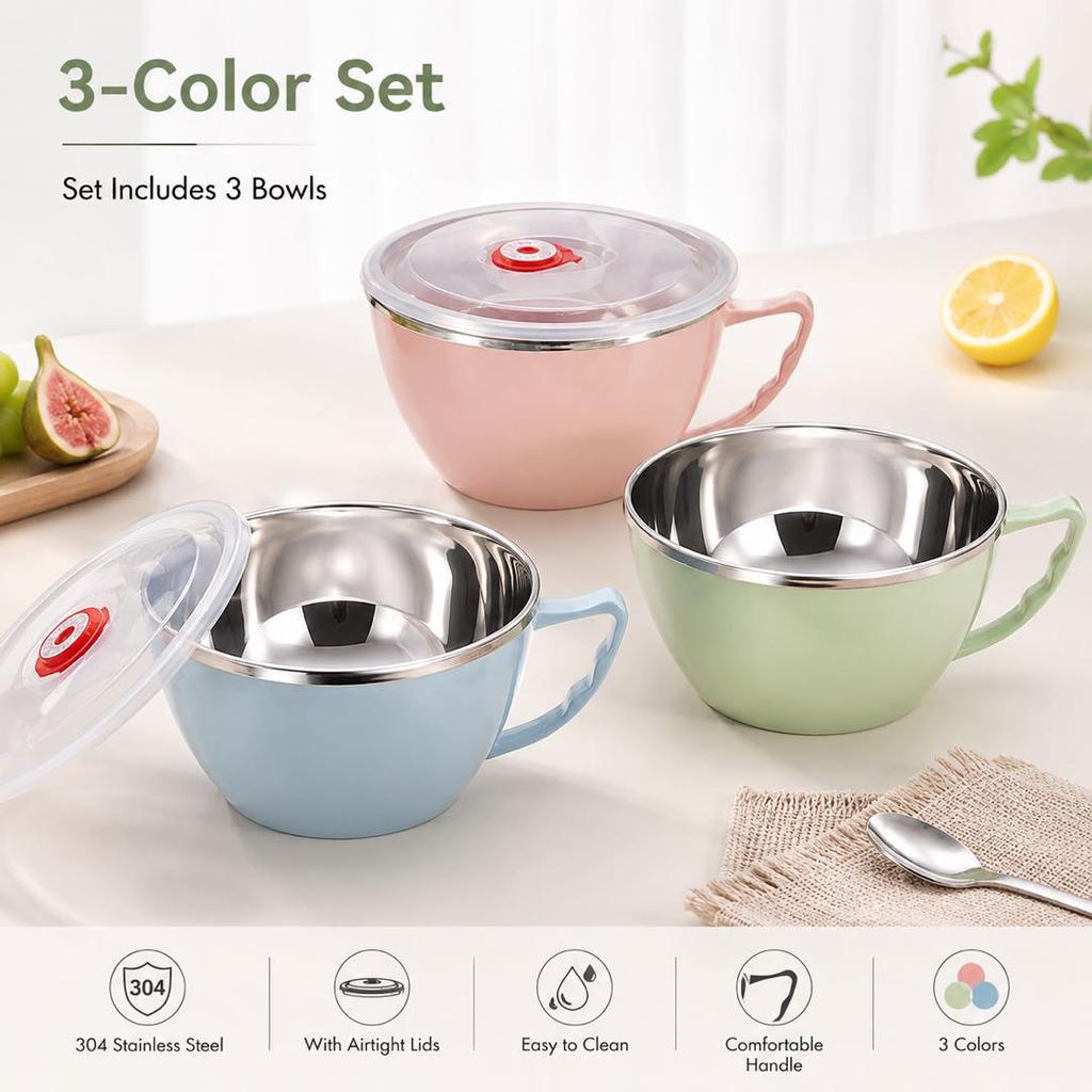Solid Stainless Steel Noodle Bowl with Handle, Thermal Food Storage Bowl, Rice Bowl, Soup Bowl, Instant Noodle Bowl