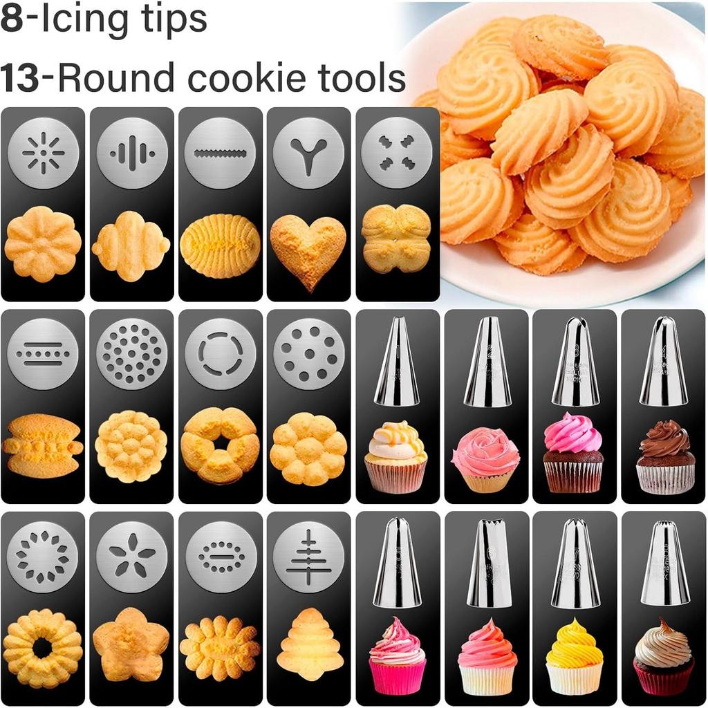 Stainless Steel Cookie Press Gun Kit with 13 Press Discs, 8 Icing Tips & Cleaning Brush, DIY Biscuit Maker, Cake Icing Decoration, 22x 15x 5.6cm
