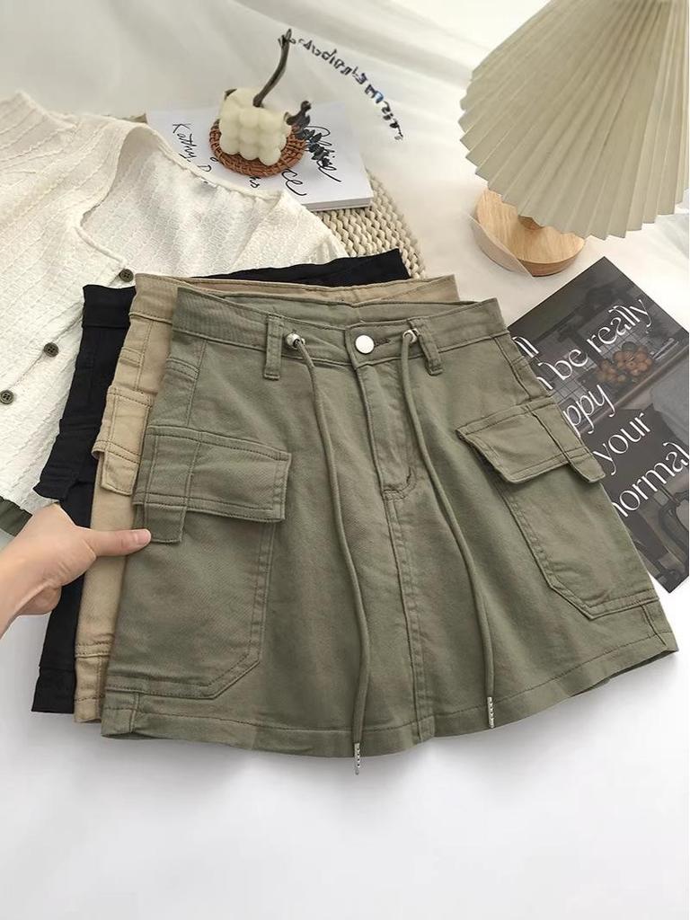 2024 Summer Korean Style Women's Retro High-Waisted Denim Mini Skirt with Side Drawstring Ties