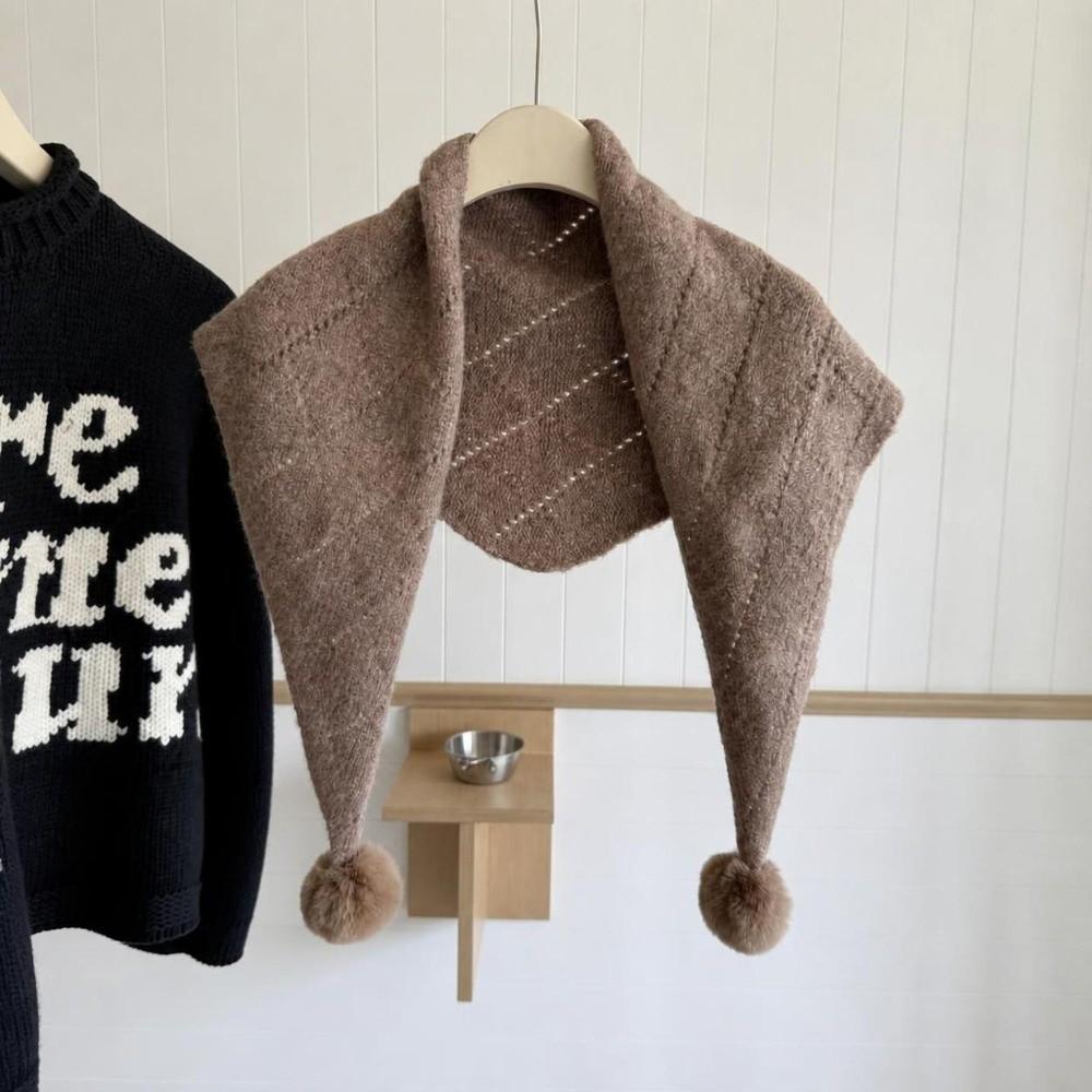 Soft Knitted Triangle Shawl with Pom Poms Yarn Shoulder Wrap Winter Neck Scarf  Daily Casual Wear