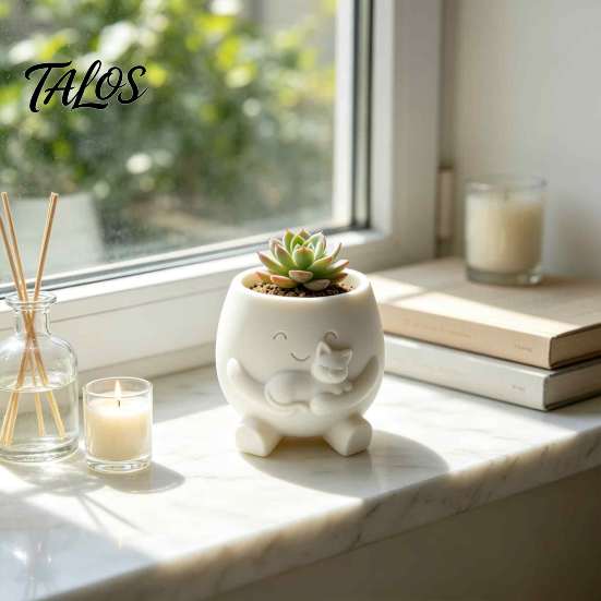 Gift for Plant Lovers 3D Printed Face Planter Pot with Cat Design, Decorative Succulents Pot, Small Desktop Creative Resin Flowerpot Indoor