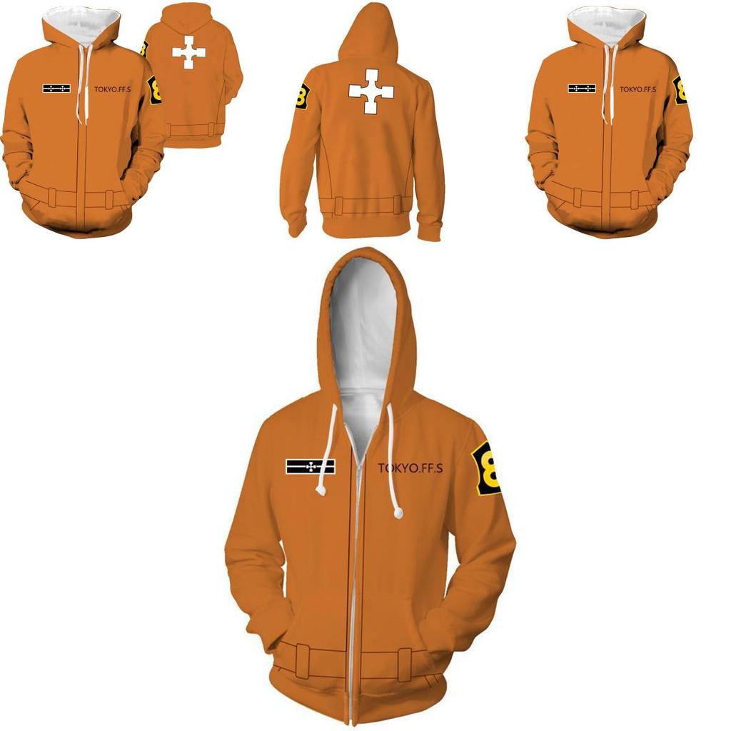 Unique Anime Fire Force Men Hooded Zipper Sweatshirts Cozy Pullover Cosplay Costume