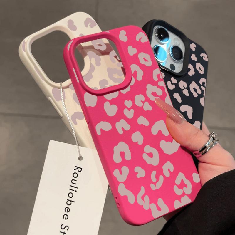 For iPhone 17 16 15 14 13 12 11 Pro Max Case Pink Leopard Print Lichee Pattern Silicone Cover For iPhone XS X XR 16 Plus Fundas