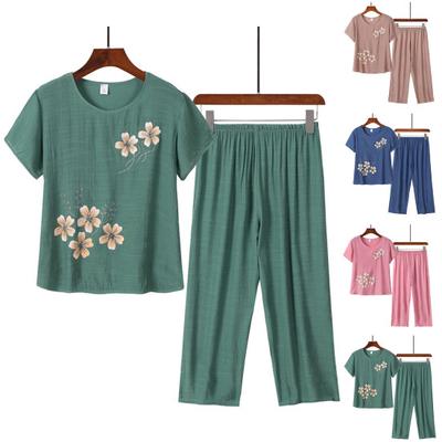 Set de 2 pantaloni de top pentru femei, cu decolteu O, cu imprimeu de flori, stil bunică, cu talie elastică, set de pijamale de vară pentru purtarea zilnică