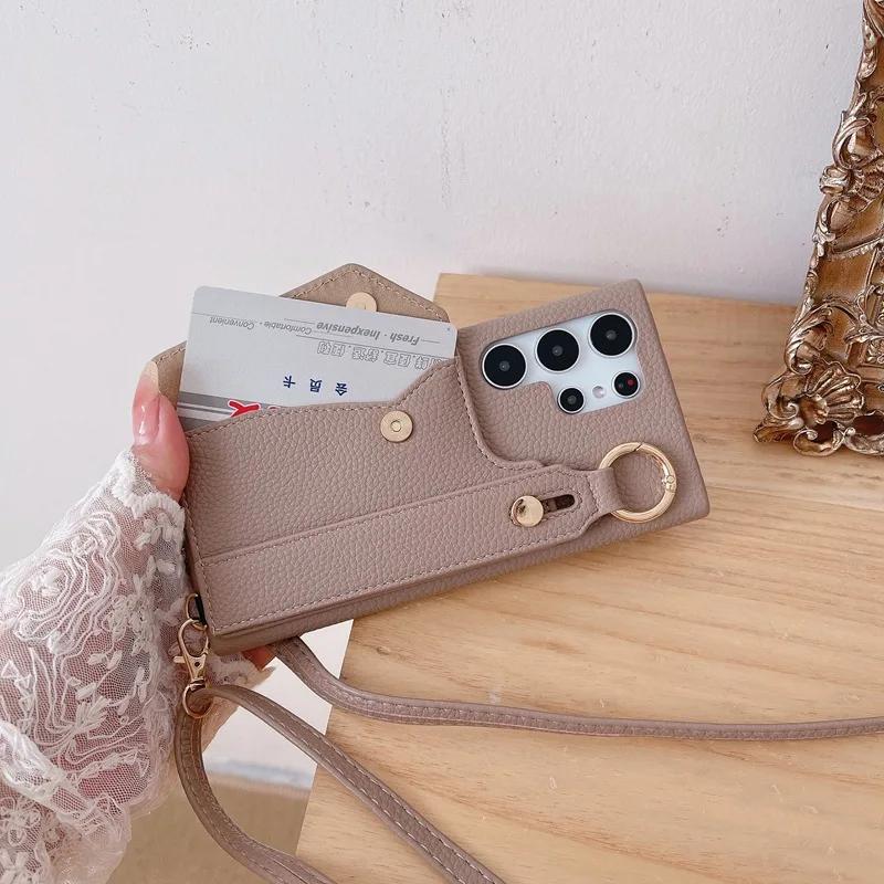 Wrist Strap Crossboby Phone Case for Samsung Galaxy S24 S22 Ultra Plus S23 FE A15 A25 A35 A55 A24 A34 A54 A14 With Card Holder