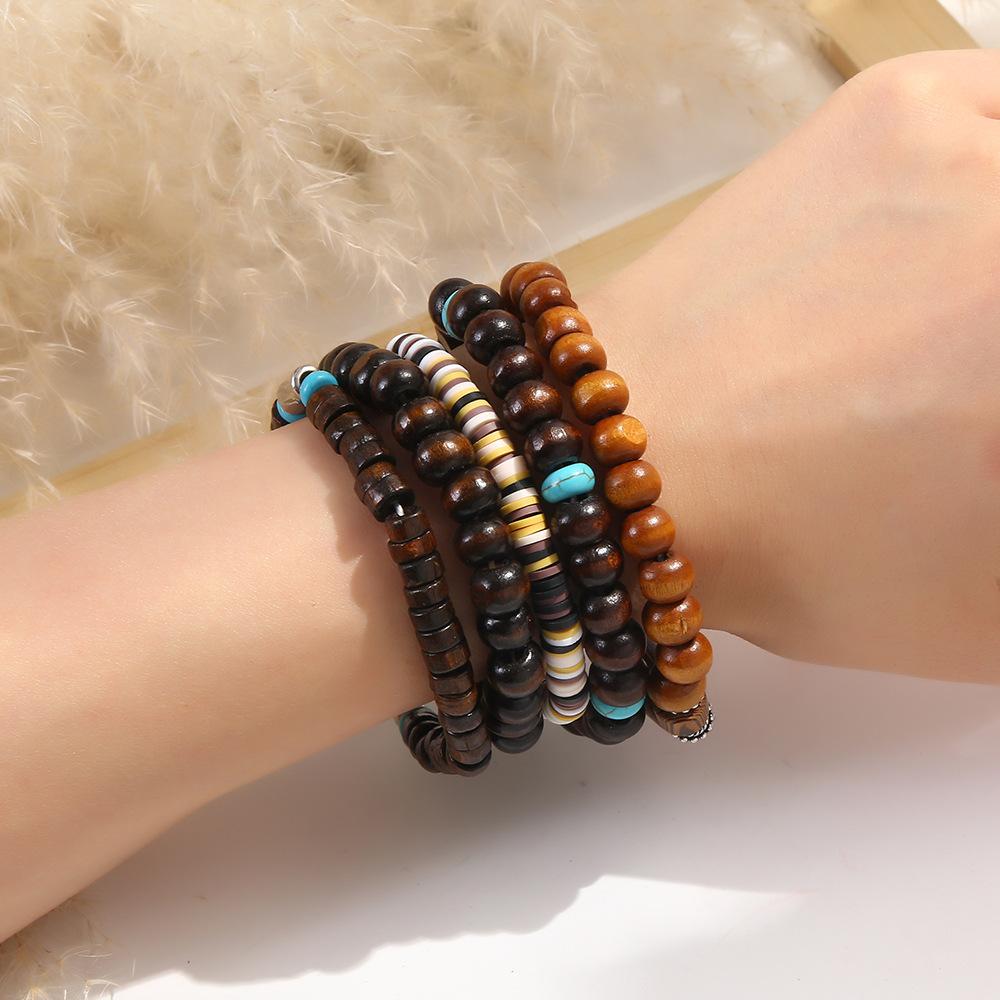 LATS Bohemian Multi-Layer Handmade Wooden Bead Elastic Bracelets, Jewelry for Women and Men