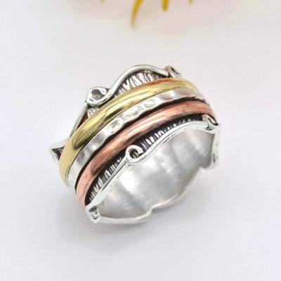 925 Sterling Silver Three Tone Meditation Wide Band Ring Statement Spinner Ring
