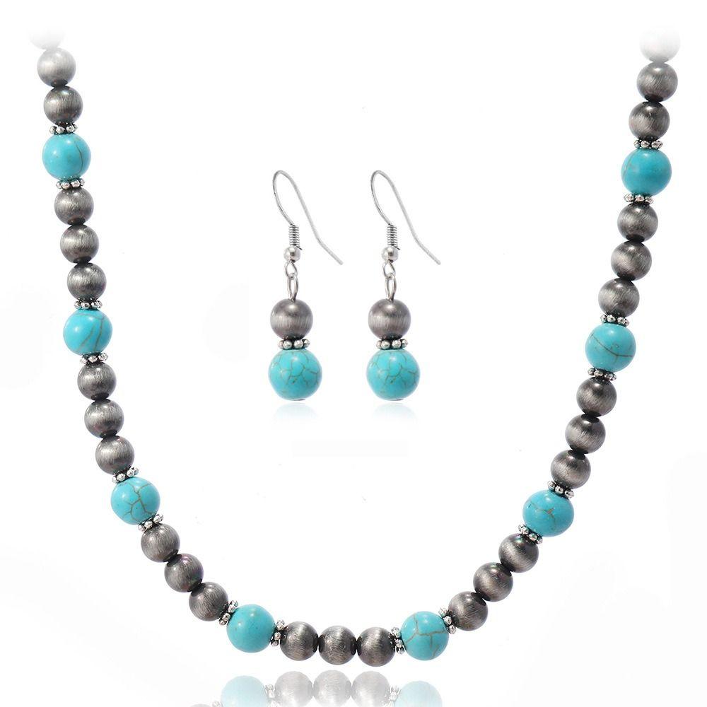 2PCS Turquoise Navajo Necklaces Bead Bohemian Style Earrings Classic Beach Chokers  Gift