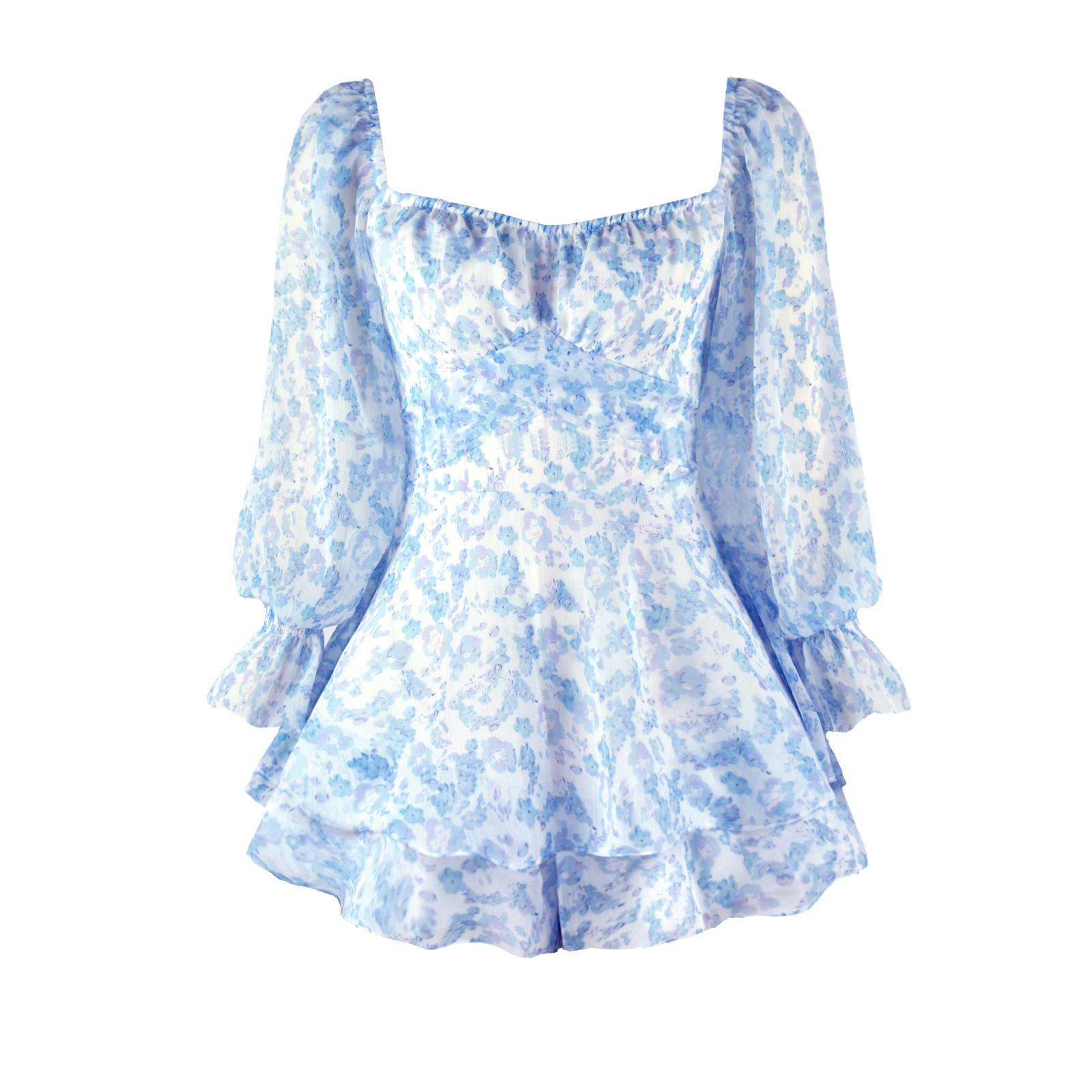 

Комбинезон с цветочным принтом, женские сексуальные модные шорты с открытой спиной и квадратным вырезом, длинными рукавами, европейские и американские шорты с рюшами S синий