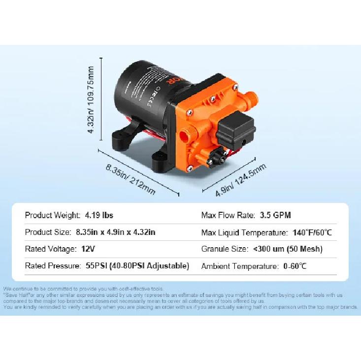 SucceBuy RV Water Pressure Diaphragm Pump 3.3GPM / 3.5GPM / 5.5GPM Adjustable Priming Sprayer Pump for Camper Marine Boat Lawn