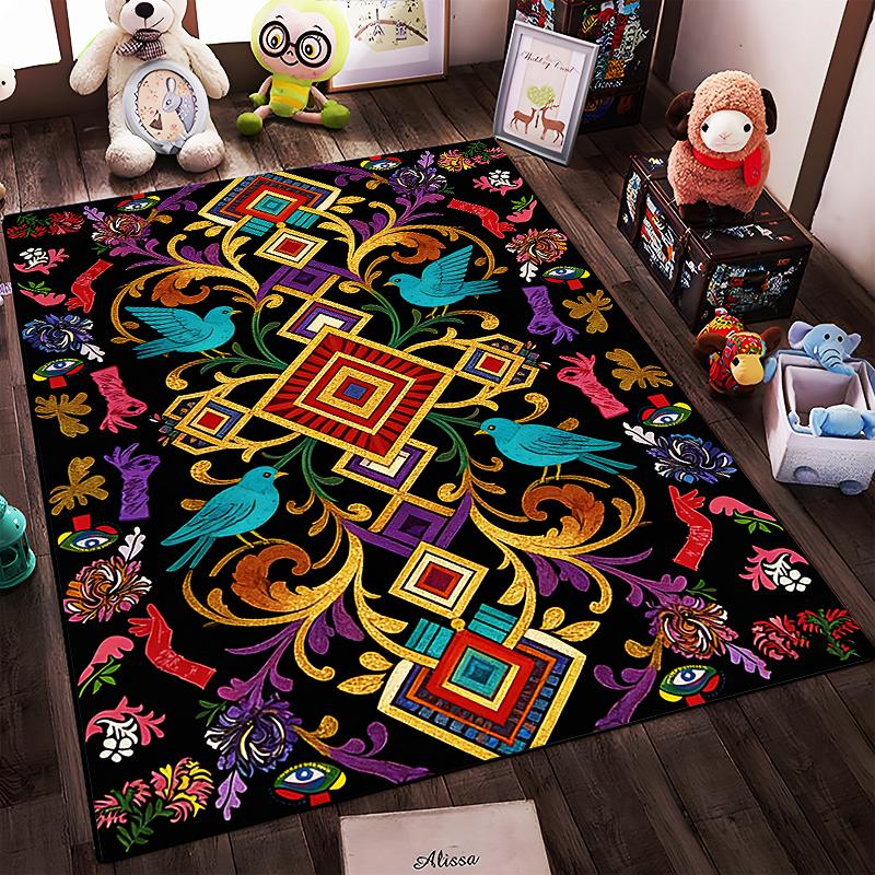 Colorful Abstract Carpet with Birds, Floral Patterns, and Geometric Shapes Suitable for Use As an Anti-slip for Living Room Bedroom Sofas