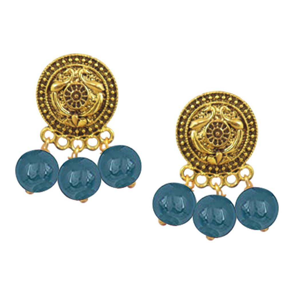 Gold Sea Blue Beaded Necklace set Keyhole pendant design adjustable length designer set for women & girls