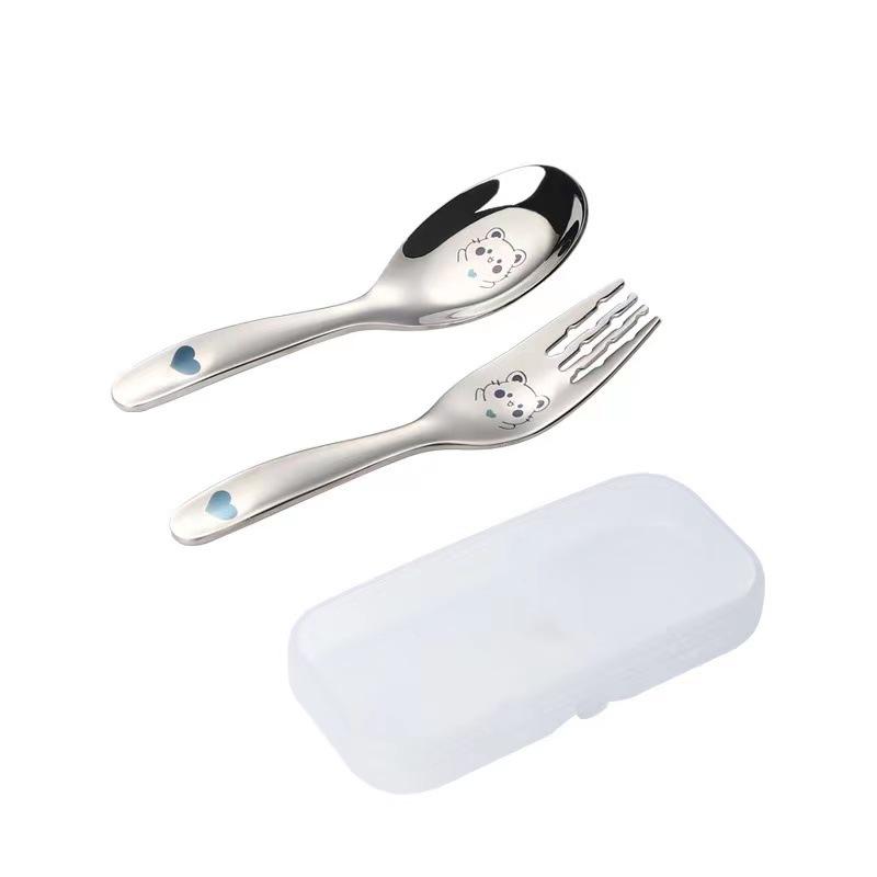 2pcs cartoon animals Baby Teaspoon Spoon Food Feeding Fork Utensils Set Stainless Steel Kids Learning Eating Habit Tableware
