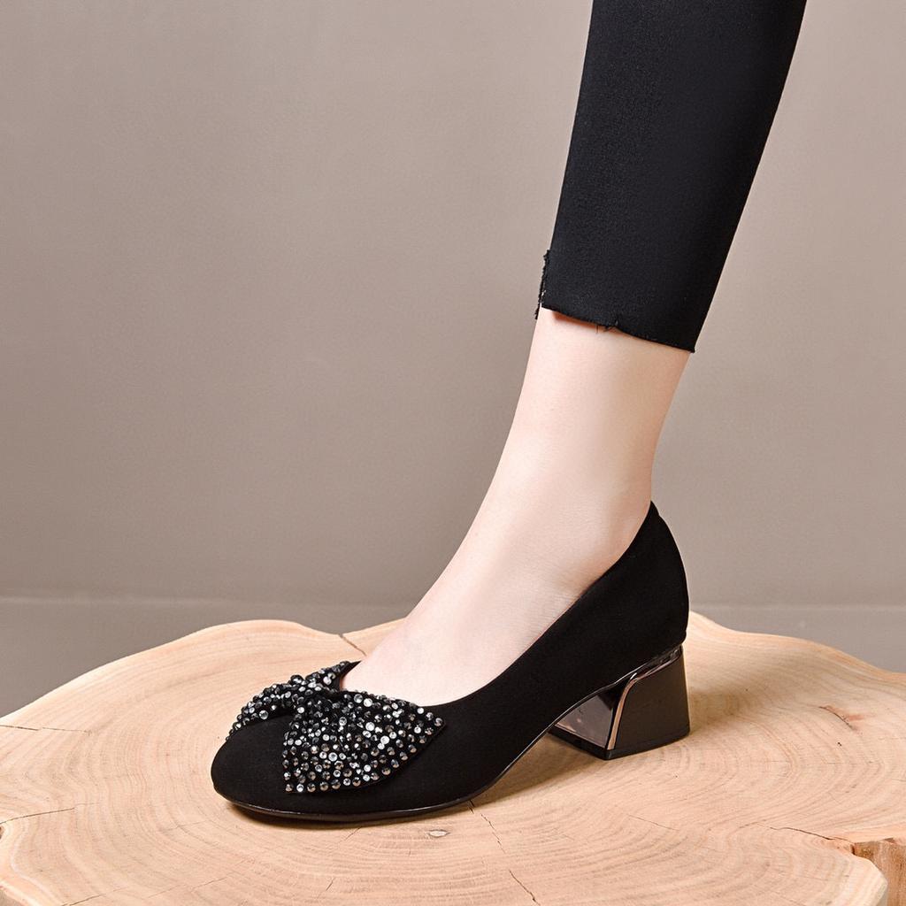 Round head shallow mouth single shoes high heels women's 2024 spring and autumn new black sheepskin rhinestone bow thick heel loafers