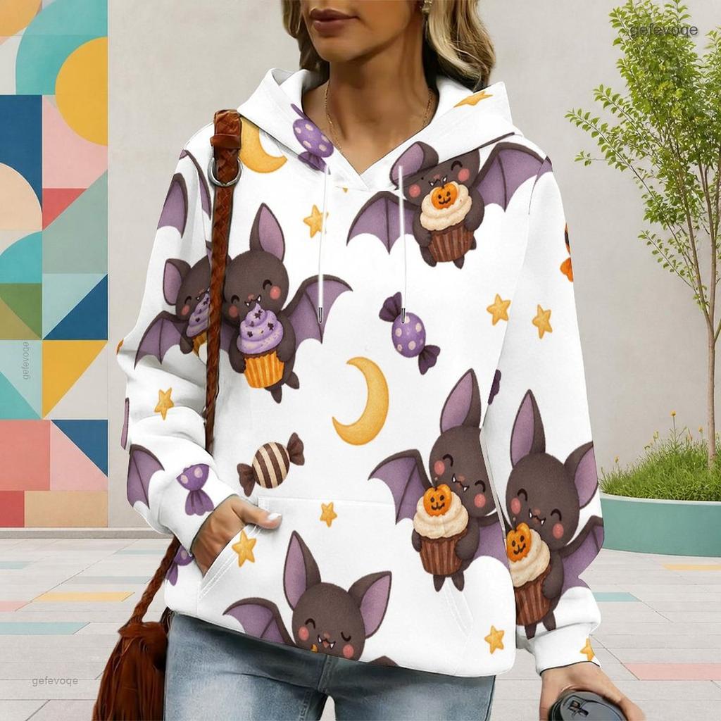 Women Plus Size Long Sleeve Drawstring Hoodie Cute Cartoon Bat Print White Kangaroo Pocket Pullover