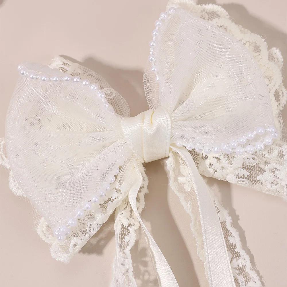 2Pcs Beige Lace Bow Hair Clips With Long Ribbon Elegant Pearl-trimmed Chiffon Bownot Barette For Girls Women Hair Accessories