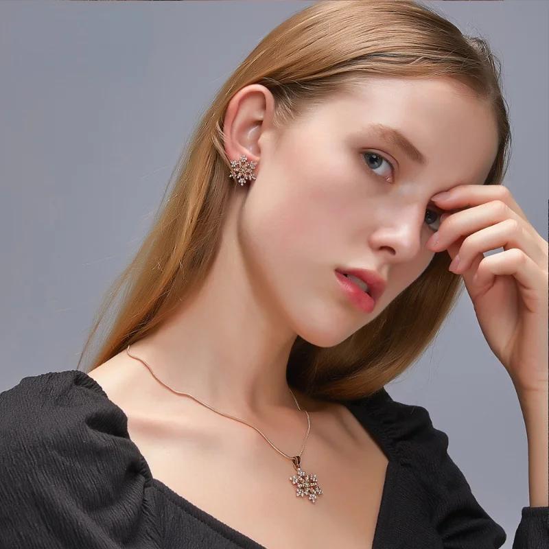 New Simple Full Diamond Snowflake Necklace Set Of Jewellery Temperament Earring Valentine's Day Creative Gift Accessories